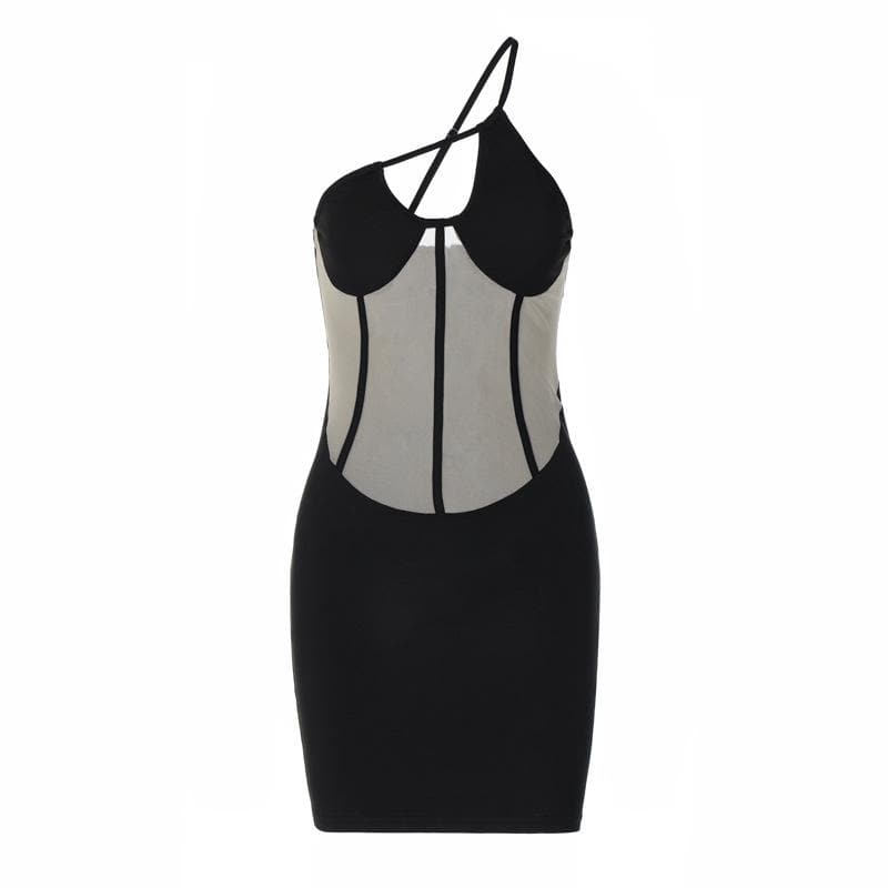 Mesh One Shoulder Cut Out Corset Bodycon Mini Dress
