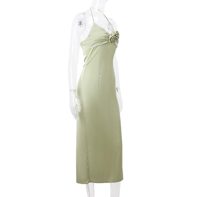 Satin Halter Neck Rosette Ruched Slip Midi Dress