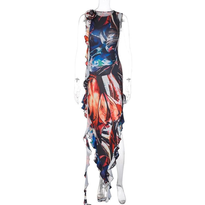 Abstract Print 3D Flower Applique Side Ruffle Sleeveless Maxi Dress
