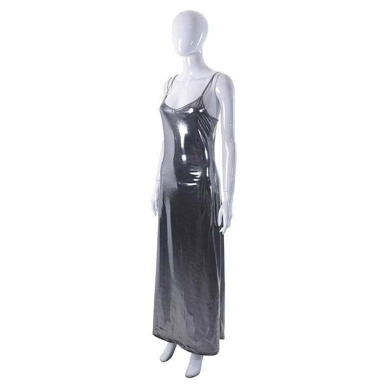 Metallic v neck backless solid low cut cami maxi dress 7