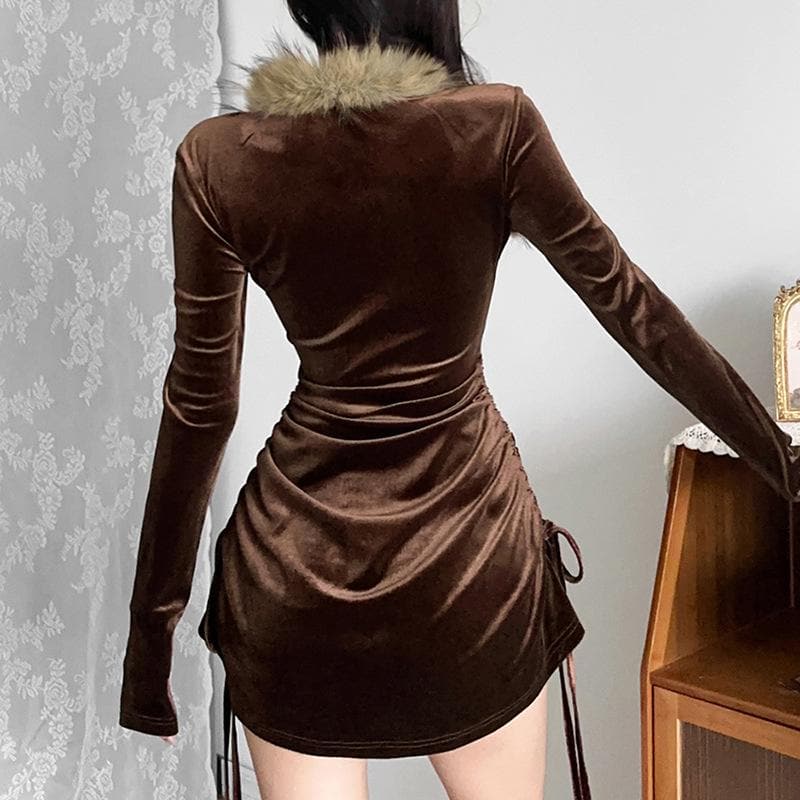 Feather long sleeve velvet ruched drawstring solid mini dress 3