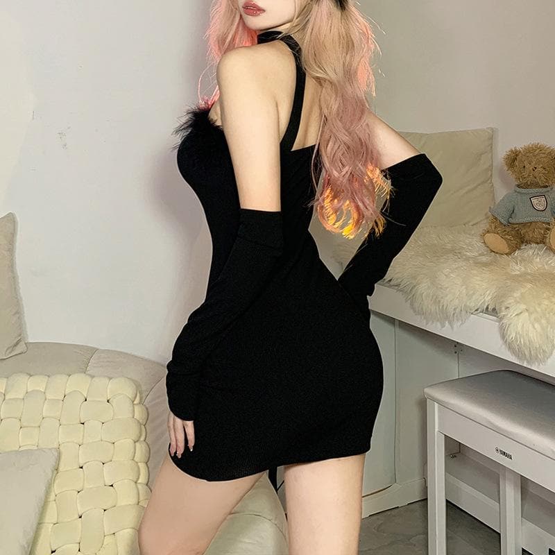 Knit Off Shoulder Feather Trim Long Sleeve Bodycon Mini Dress