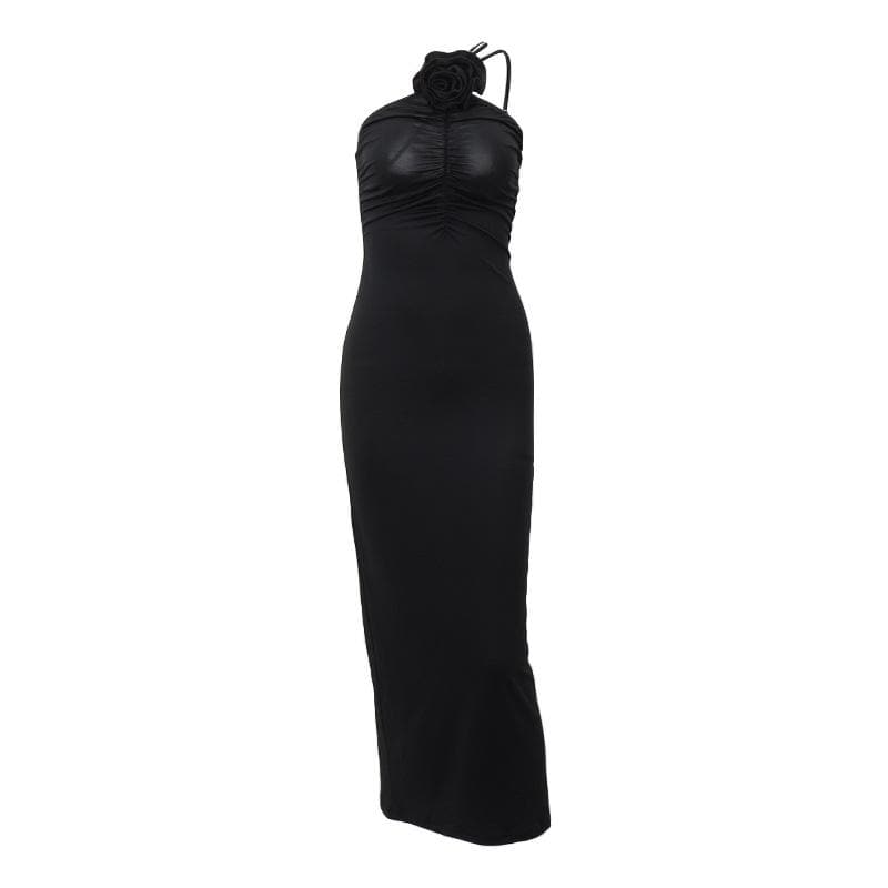Flower applique one shoulder solid ruched maxi dress - View 2