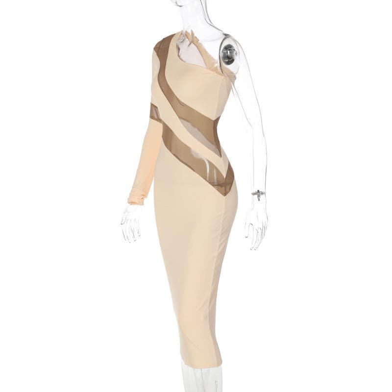 Long sleeve mesh backless one shoulder midi dress 5