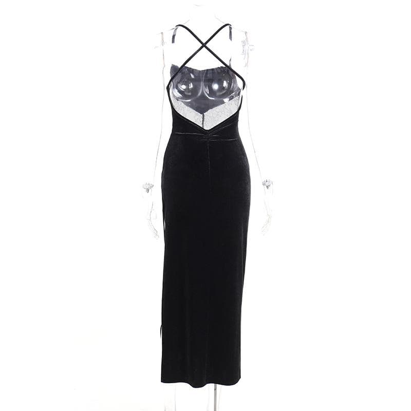 Velvet Lace Insert Waist Spaghetti Strap High Split Midi Dress 5