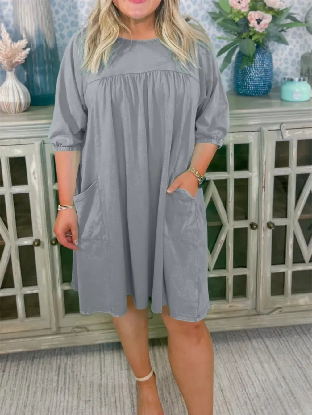 Round Neck Puff Sleeve Pocket Babydoll Mini Dress 6