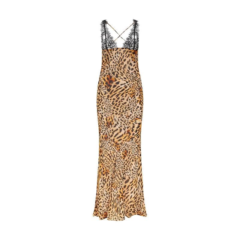 Cross back contrast leopard print v neck lace patchwork maxi dress - View 4