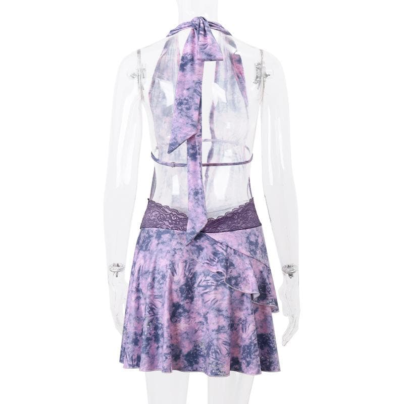 Tie Dye Halter Neck Lace Trim Ruffle Mini Dress