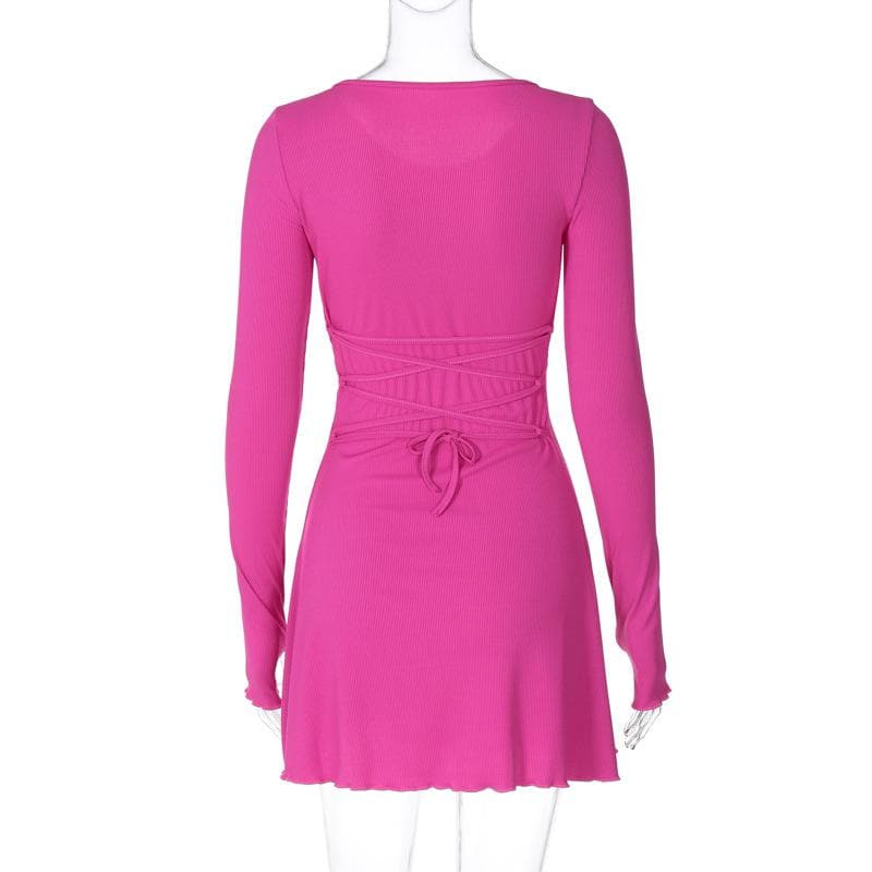 Ribbed Long Sleeve Lace Up Ruffle Mini Dress