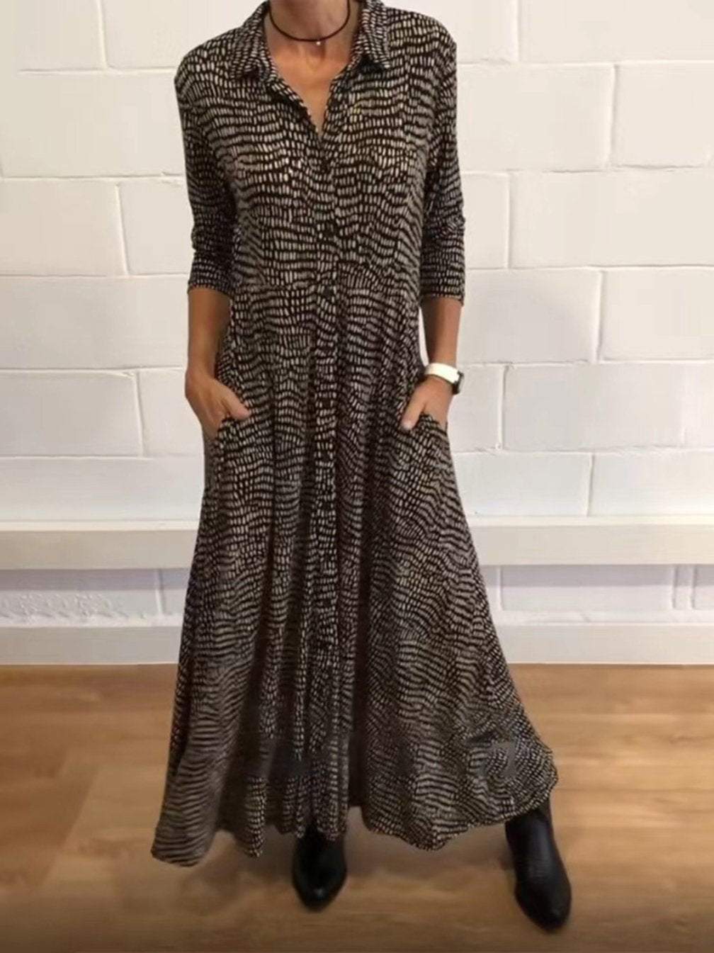Printed Collared Long Sleeve Pocket Maxi Dress