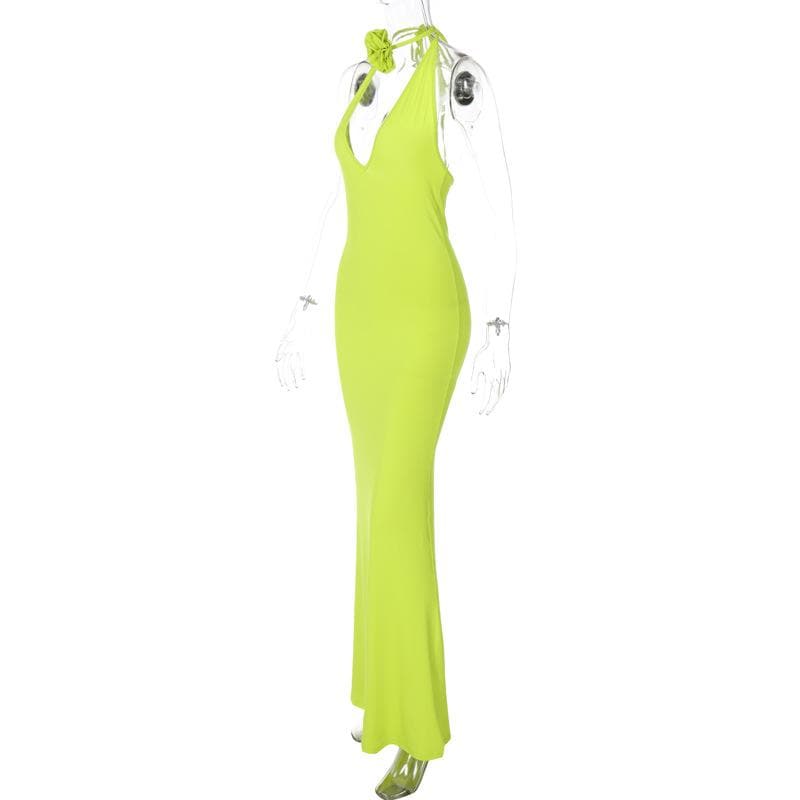 Deep V-Neck Halter Backless Rosette Bodycon Maxi Dress