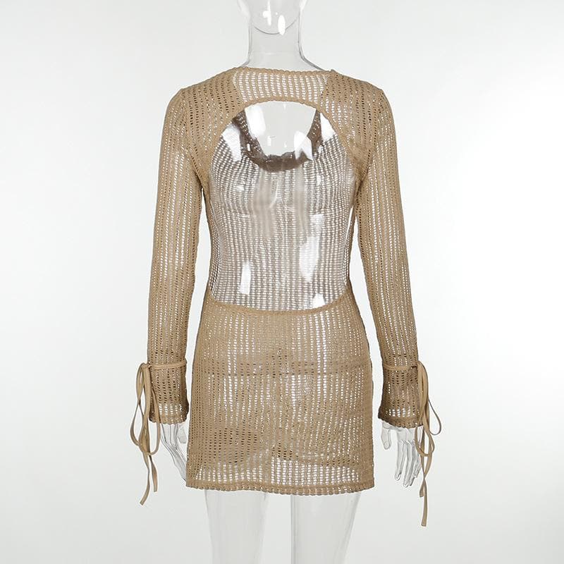 Crochet see through cowl neck long sleeve hollow out mini dress 3