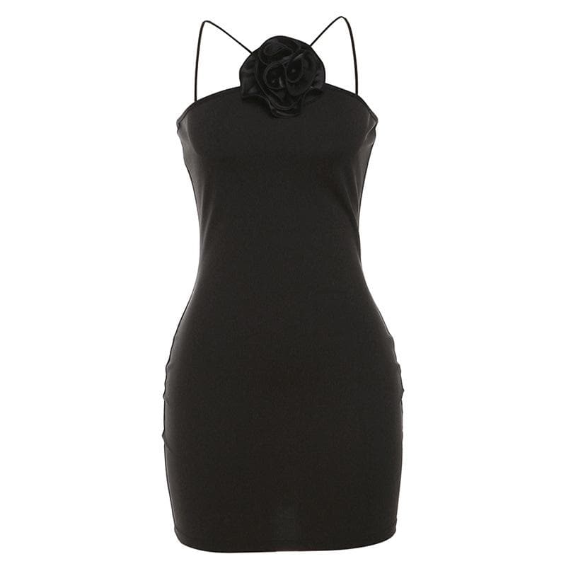 Halter Neck Sleeveless Flower Applique Bodycon Mini Dress