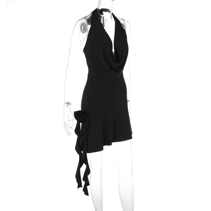 Halter Deep Cowl Neck Backless Ruffle Mini Dress