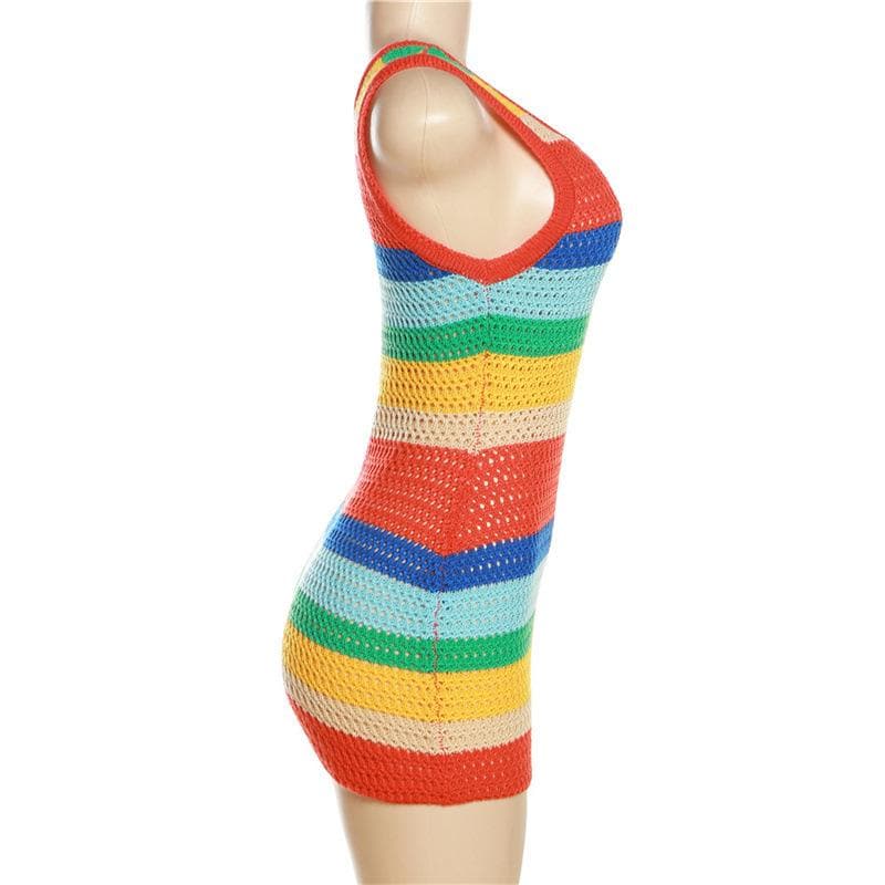 Crochet Rainbow Stripe Scoop Neck Sleeveless Bodycon Mini Dress