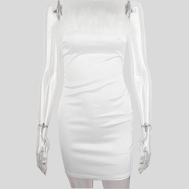 Feather off shoulder solid backless tube dress 2