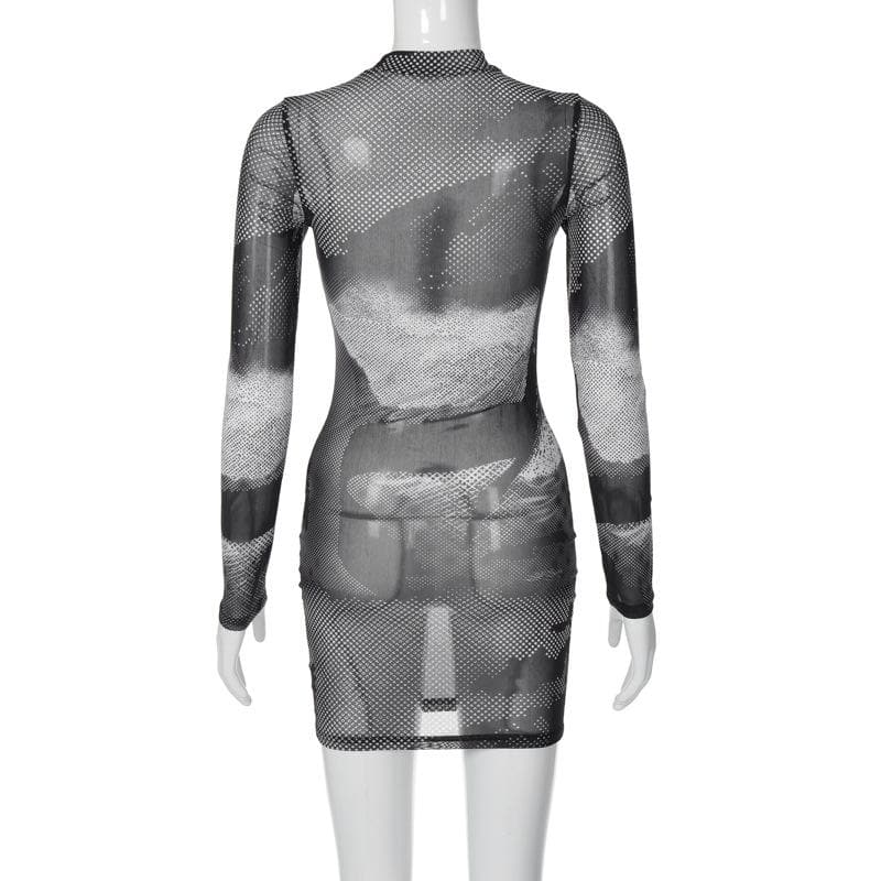 Long sleeve sheer mesh see through contrast polka dot mini dress 4