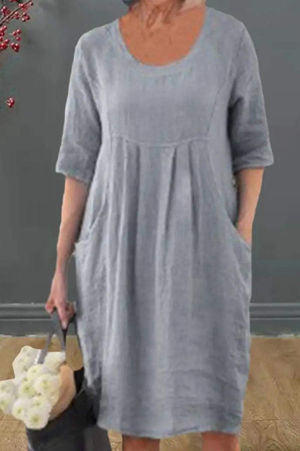 Scoop Neck Short Sleeve Pocket Linen Midi Dress 4