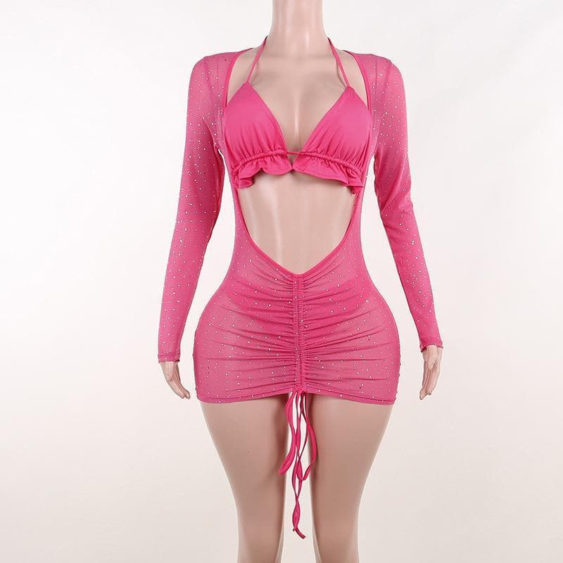 Rhinestone Sheer Mesh Long Sleeve Halter Ruched Cut Out Mini Dress