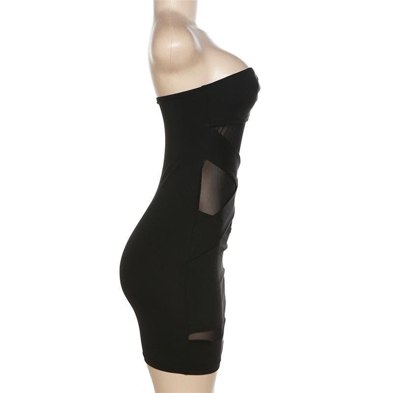 Cross front solid mesh backless patchwork tube mini dress 3