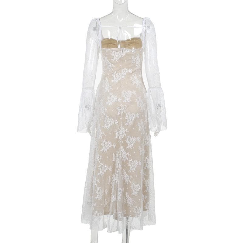 Long flared sleeve contrast zip-up lace self tie maxi dress - View 5