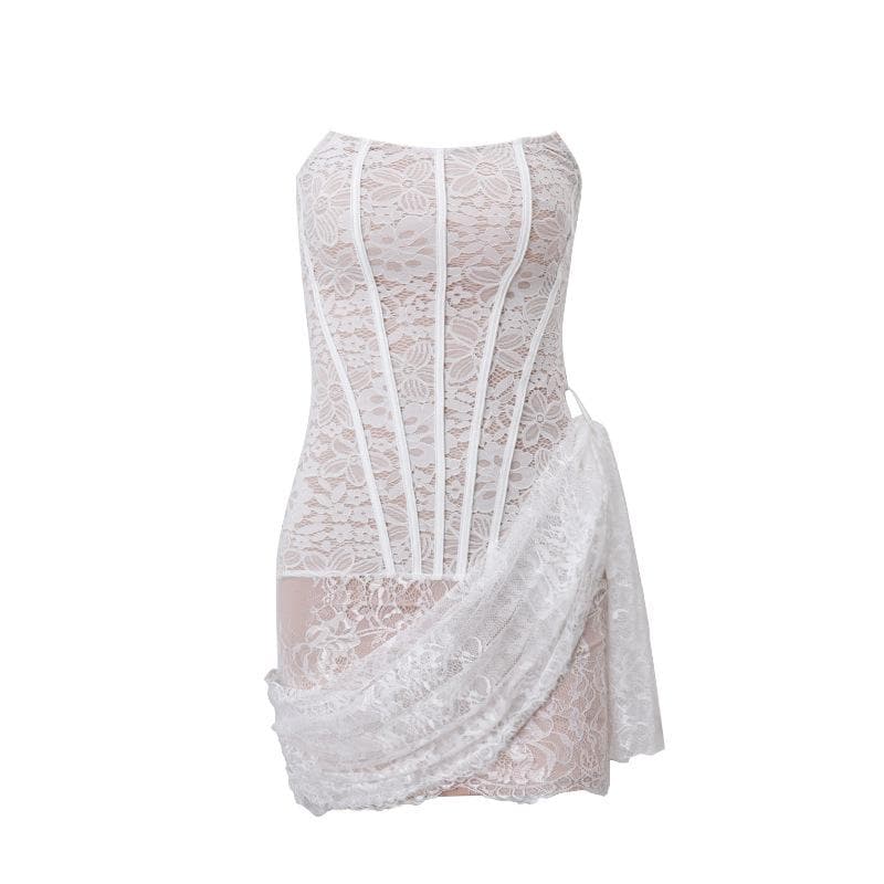 Irregular ruched backless lace up bustier tube mini dress 2