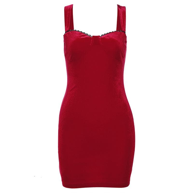 Velvet solid sleeveless sweetheart neck lace hem mini dress - View 3