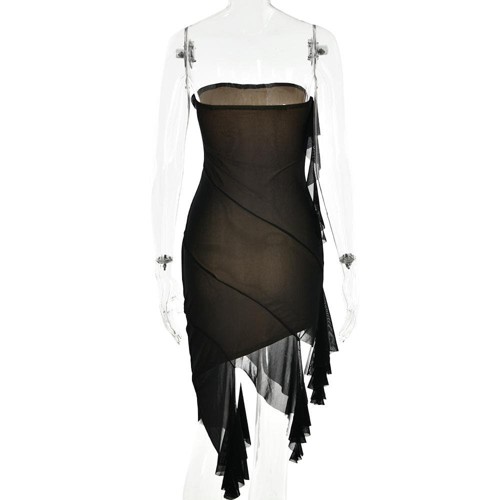 Mesh ruffle solid irregular backless tube mini dress 4