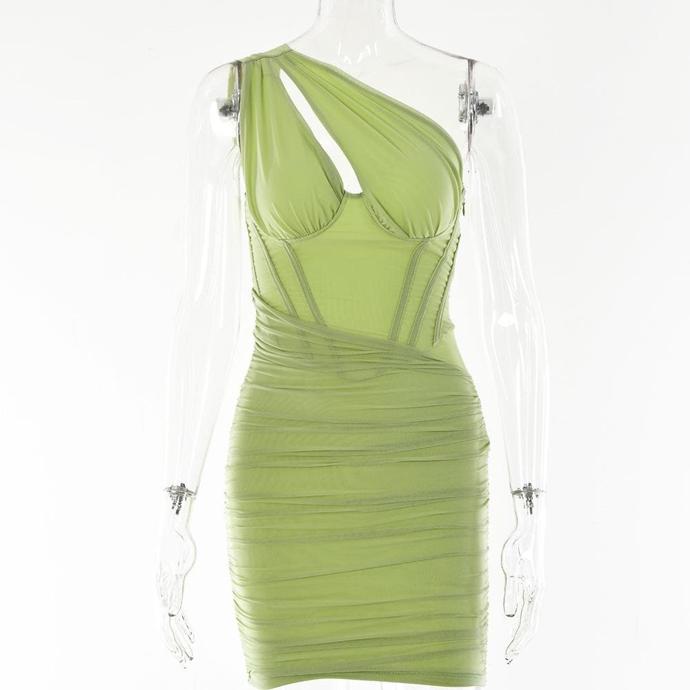 One Shoulder Mesh Ruched Cut Out Bodycon Mini Dress