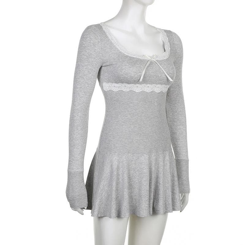 Lace hem square neck contrast long sleeve ruffle mini dress 5