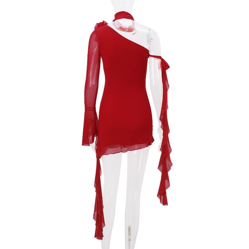 One Shoulder Flared Sleeve Mesh Flower Applique Ruffle Mini Dress