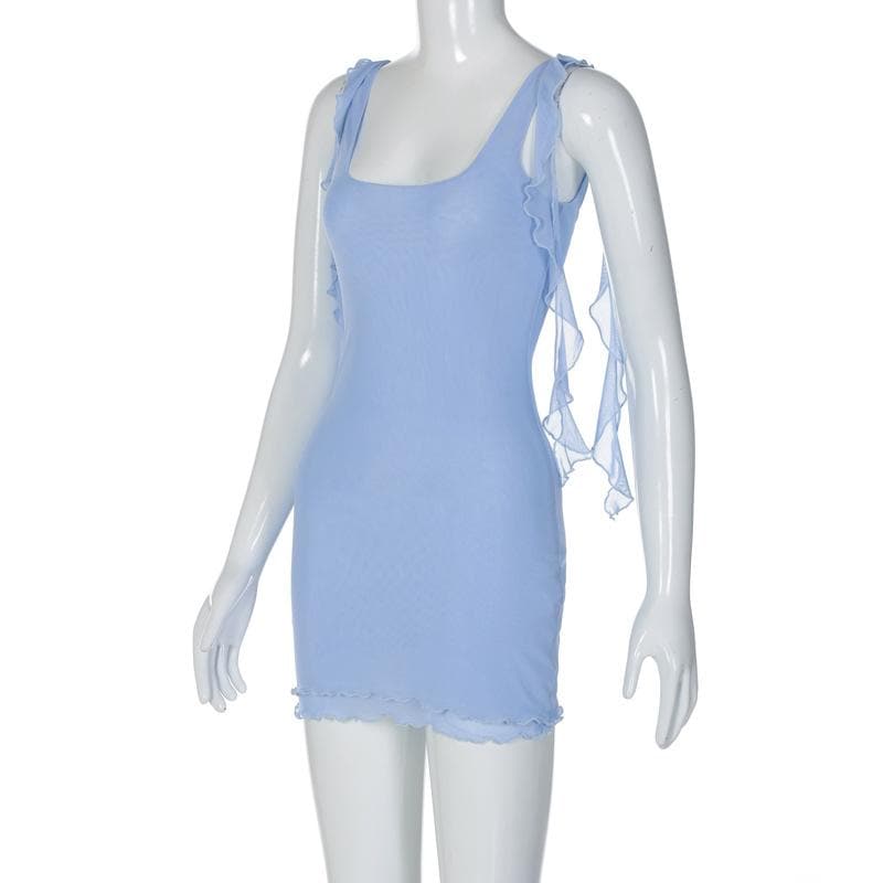 Mesh Square Neck Ruffle Strap Layered Hem Bodycon Mini Dress 8