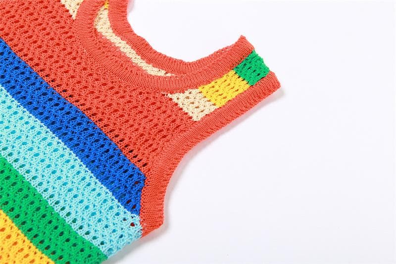 Crochet Rainbow Stripe Scoop Neck Sleeveless Bodycon Mini Dress