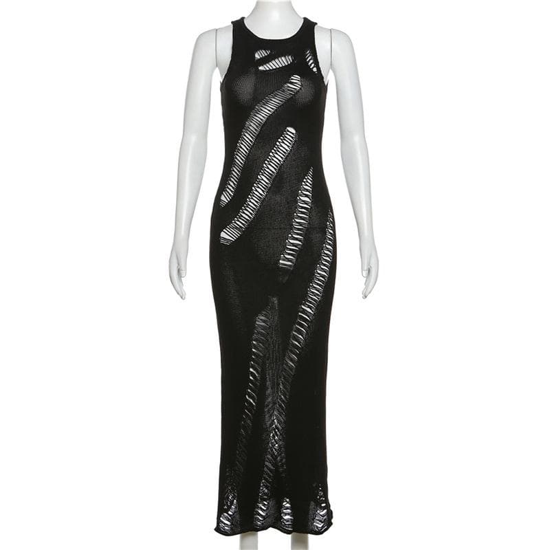 Knit Ladder Cut Out Sleeveless Crew Neck Bodycon Maxi Dress