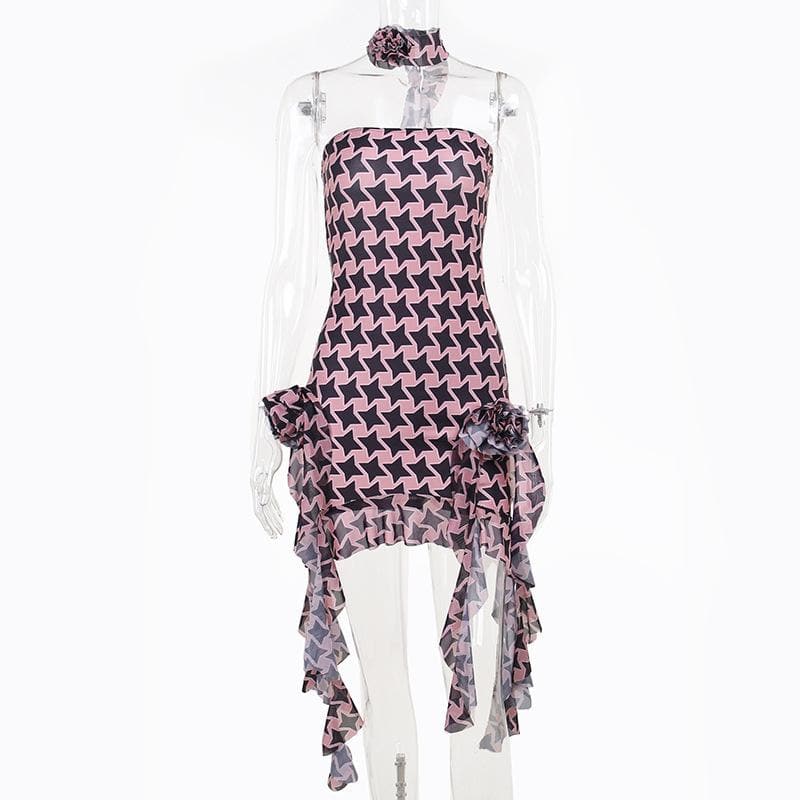 Star Print One Shoulder Flower Applique Ruffle High Low Mini Dress