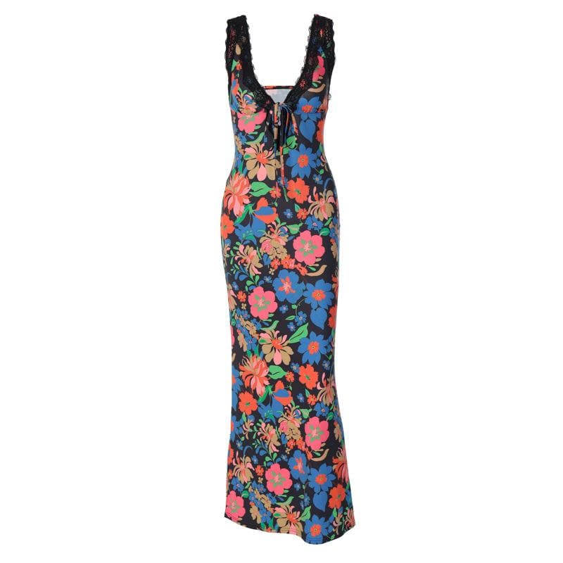 Lace hem sleeveless v neck flower print contrast maxi dress - View 2