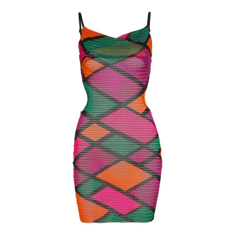 Crochet Mesh Geometric Waist Cut Out Spaghetti Strap Bodycon Mini Dress