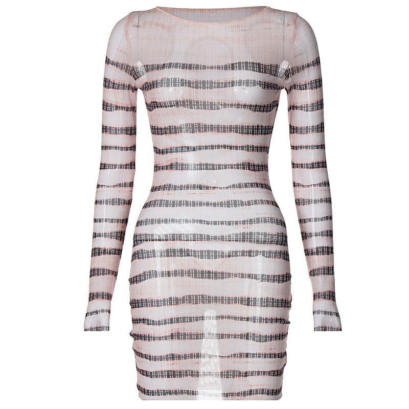 Striped Sheer Mesh Boat Neck Long Sleeve Bodycon Mini Dress