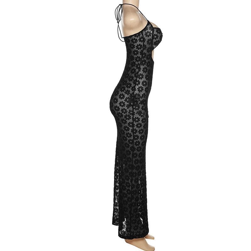 Floral Mesh Halter Neck O Ring Cut Out Bodycon Maxi Dress