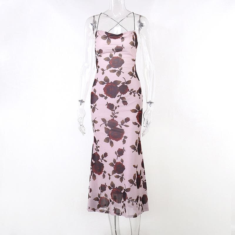 Floral Print Cowl Neck Cross Back Slip Midi Dress