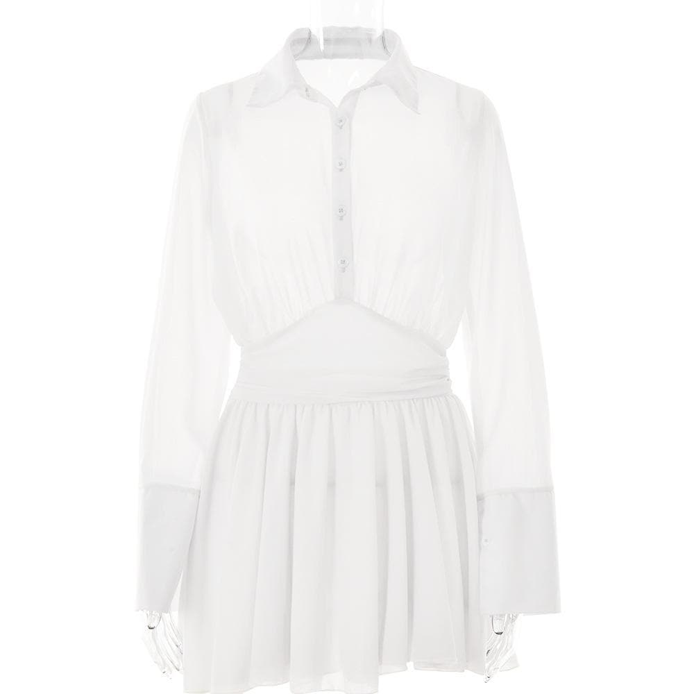 Turnover collar button long sleeve ruched zip-up chiffon mini dress - View 2