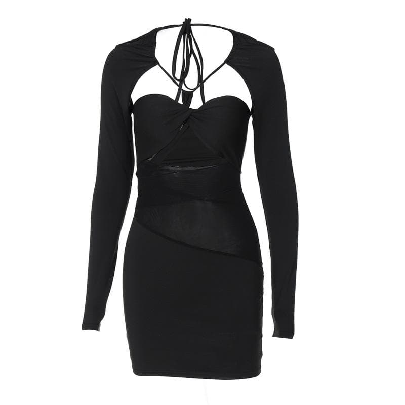 Halter Neck Long Sleeve Mesh Cut Out Twist Bodycon Mini Dress