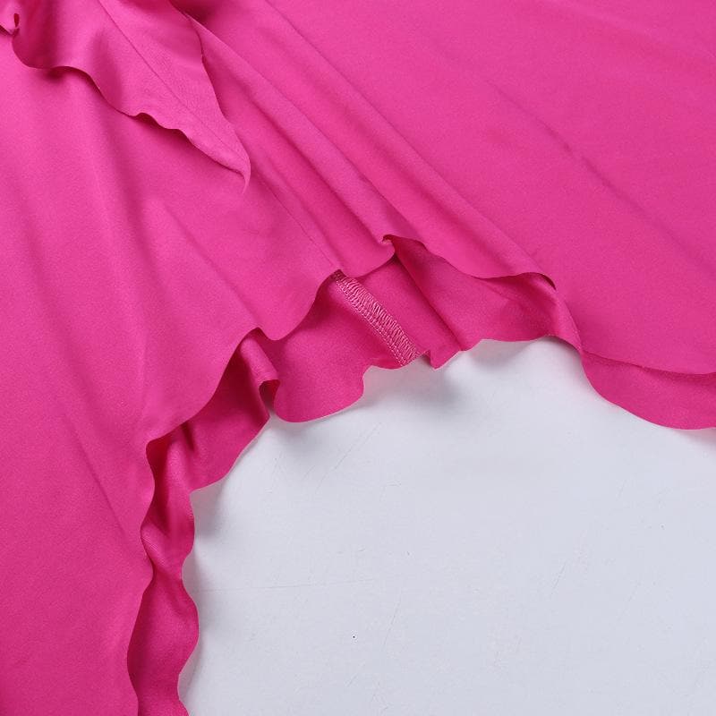 Halter Neck Flower Applique Ruffle Handkerchief Hem Mini Dress