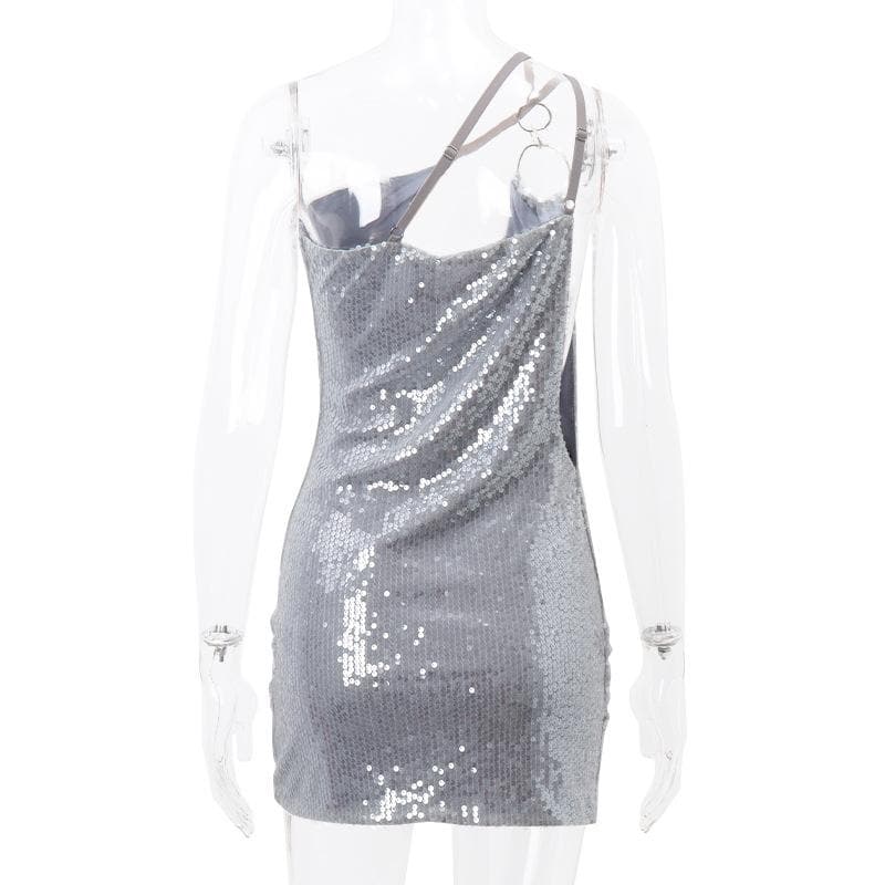 One shoulder irregular glitter low cut o ring ruched mini dress - View 4