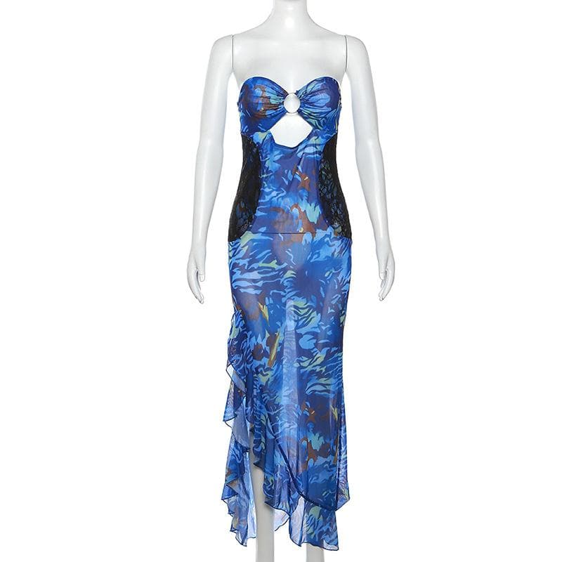 Mesh see through hollow out o ring contrast print ruffle maxi dress 8