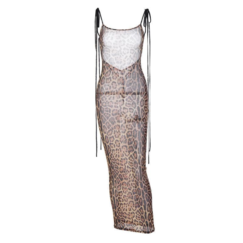 Sheer Mesh Tie Shoulder Spaghetti Strap Bodycon Maxi Dress 7