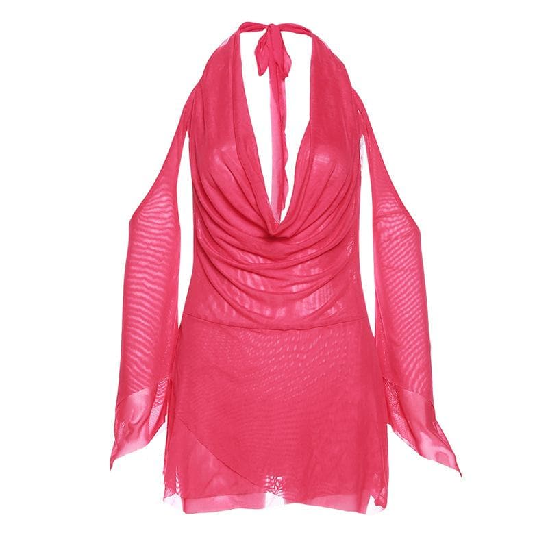 Mesh Cowl Neck Halter Long Sleeve Ruched Mini Dress