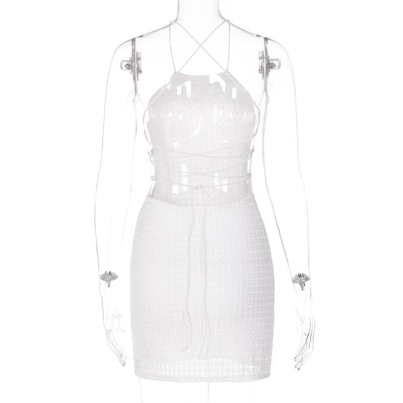 Textured cross back lace up solid backless mini dress 4