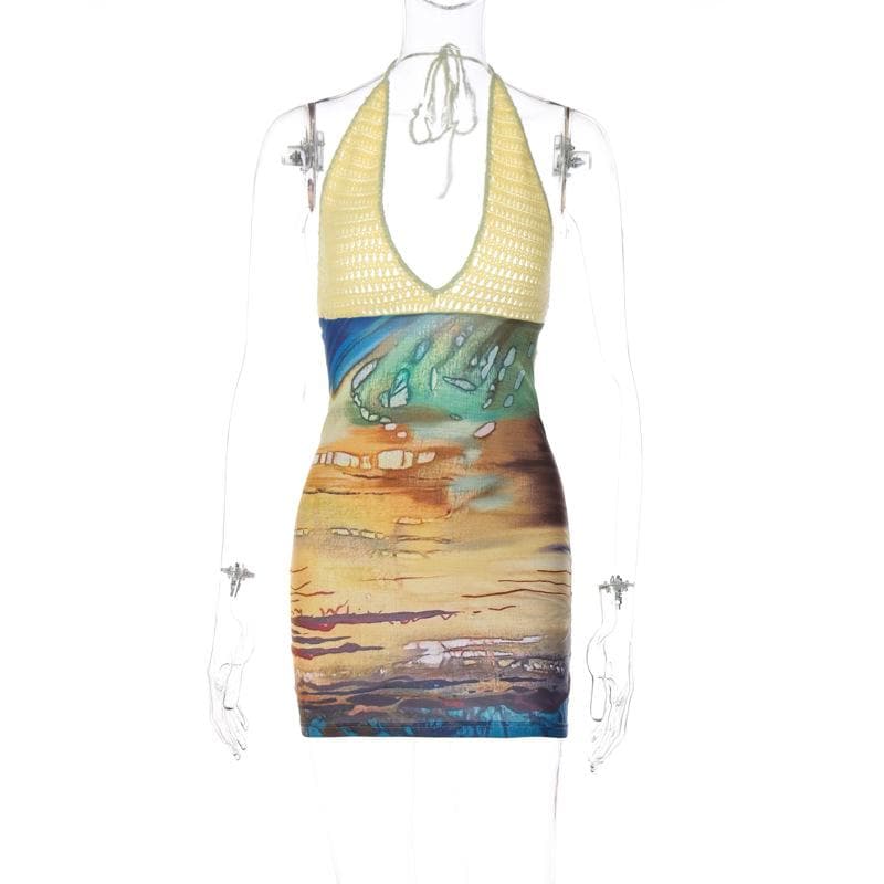 Contrast Print Knit Halter Neck Bodycon Mini Dress