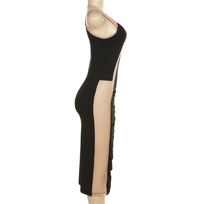 Sleeveless mesh contrast round neck midi dress - View 3